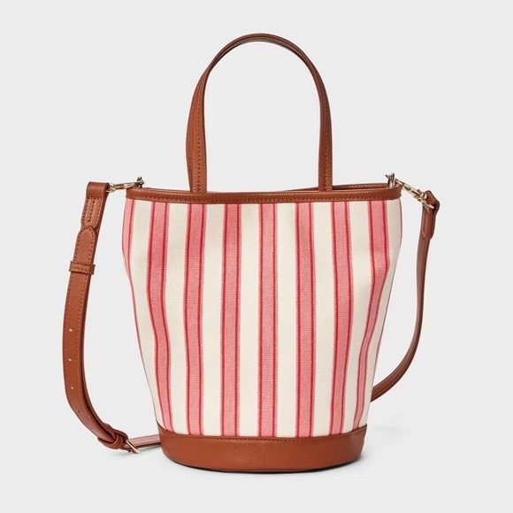 Universal Thread Striped Bucket Crossbody Bag - in Pink/Coral + White Stripe - Picture 1 of 10